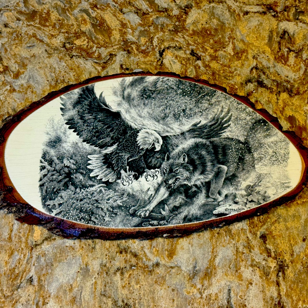 Rustic Live Edge Wildlife Wall Hanging - Features A Bald Eagle and Wolf